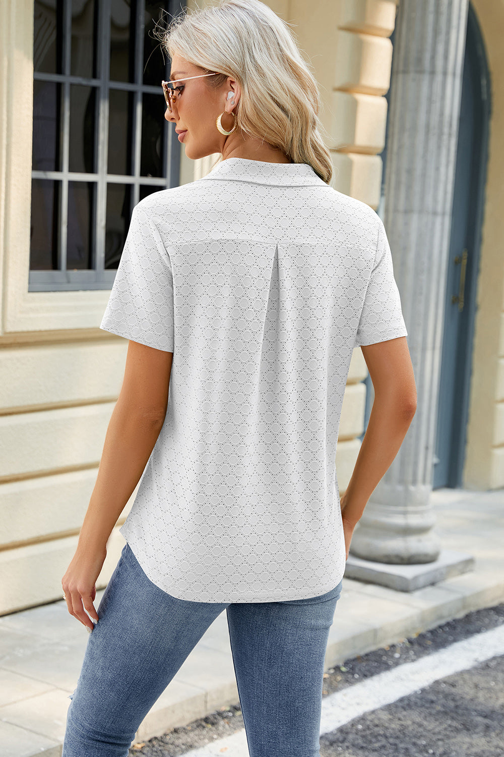 Pocketed Johnny Collar Short Sleeve Blouse Pocketed Johnny Collar Short Sleeve Blouse